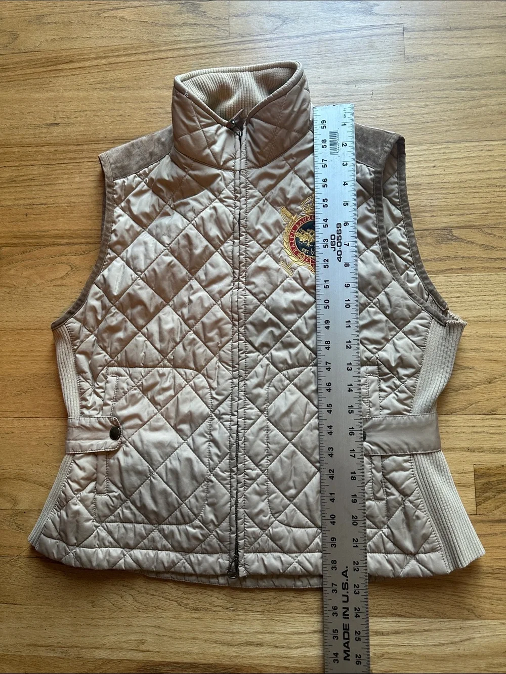 XL Beige Quilted Sleeveless Ralph Lauren Vest with Embroidered Crest